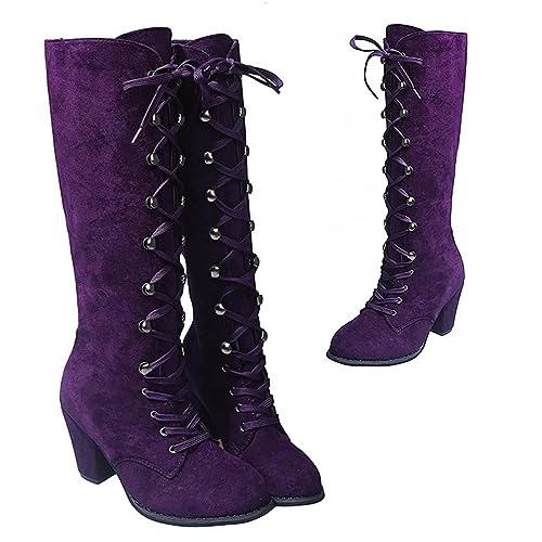 Mittelalterliche Stiefel Damen Gothic Kniehohe Stiefel Knielänge Schnürsenkel UP Schuhe Renaissance Mittelalter Cosplay,Lila,40 von SIULAS