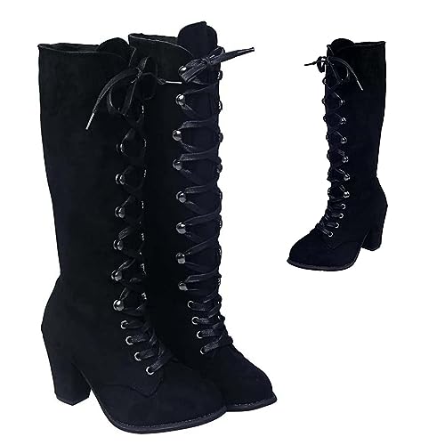 Mittelalterliche Stiefel Damen Gothic Kniehohe Stiefel Knielänge Schnürsenkel UP Schuhe Renaissance Mittelalter Cosplay,Schwarz,39 von SIULAS