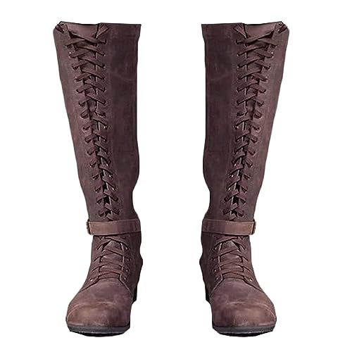 Mittelalterliche Stiefel - Herren Frauen Vintage Stiefel - Knielänge Schnürsenkel UP Schuhe - Renaissance Mittelalter Cosplay Stiefel Mid-Calf Stiefel,Braun,39 von SIULAS