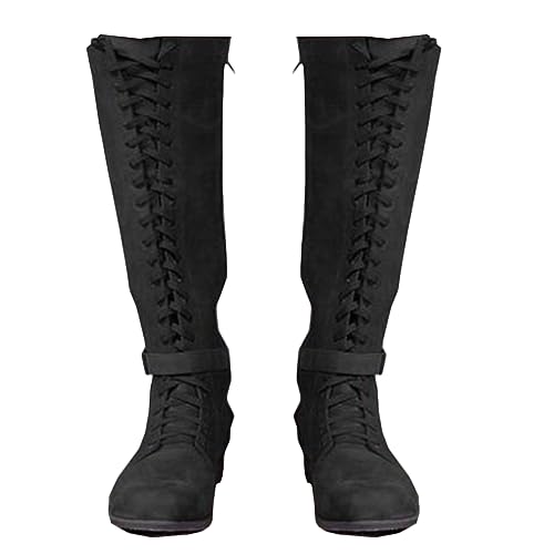 Mittelalterliche Stiefel - Herren Frauen Vintage Stiefel - Knielänge Schnürsenkel UP Schuhe - Renaissance Mittelalter Cosplay Stiefel Mid-Calf Stiefel,Schwarz,48 von SIULAS