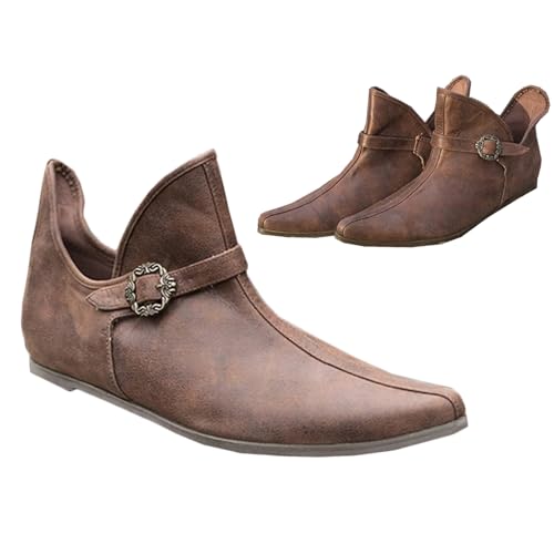 Mittelalterliche Stiefel Männer Frauen Kurze Stiefel PU Leder Flache Schuhe mit Verstellbaren Gürtelschnalle Retro Leder Stiefeletten für Männer Frauen,Braun,37 von SIULAS