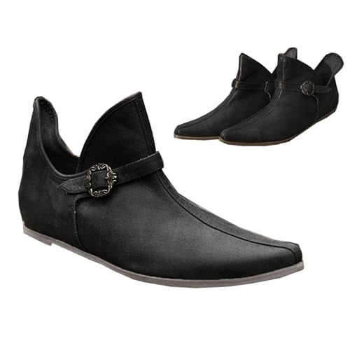 Mittelalterliche Stiefel Männer Frauen Kurze Stiefel PU Leder Flache Schuhe mit Verstellbaren Gürtelschnalle Retro Leder Stiefeletten für Männer Frauen,Schwarz,42 von SIULAS