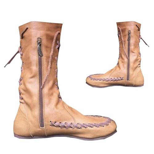 Mittelalterliche Stiefel Retro Leder Kurze Schaft Stiefel Steampunk Leder Schnürsenkel PU Schuhe Renaissance Mittelalter Cosplay Halloween Stiefel,Gelb,40 von SIULAS