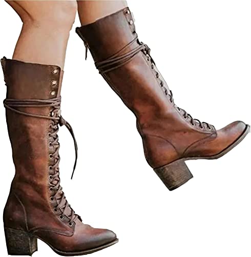 Renaissance Mittelalter Cosplay Stiefel - PU Leder Stiefel High Heels Schuhe - Mittelalter Mittelwadenstiefel Knielang Schnürschuhe Festival Larp Schuhe für Cosplay (Braun41) von SIULAS