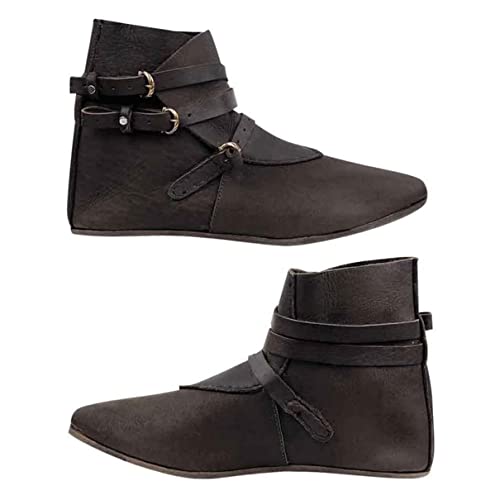 Retro Ritter Stiefeletten für Frauen und Männer - 1 Paar Wikinger Schuhe - PU Leder Mode Stiefel für Cosplay, Braun, 44 von SIULAS