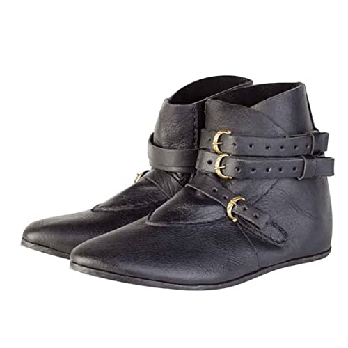 Retro Ritter Stiefeletten für Frauen und Männer - 1 Paar Wikinger Schuhe - PU Leder Mode Stiefel für Cosplay, Schwarz, 46 von SIULAS