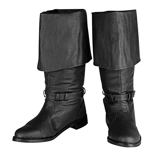 Ritterstiefel PU Leder Stiefel Mittelalter Wikinger Retro Langschaft Leder Manschetten Schuhe Renaissance Mittelalter Cosplay Flache Unterseite Herrenschuhe für Cosplay (46) von SIULAS