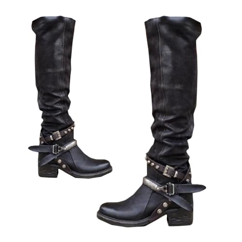 SIULAS Mittelalterliche PU Leder Stiefel Schuhe - Steampunk Vintage Leder Prinz Ritter Stiefel - verstellbare Reiter Pferd Motorrad Stiefel,Schwarz,41 von SIULAS