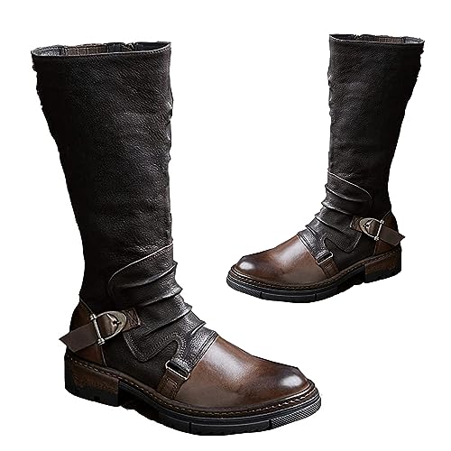 SIULAS Mittelalterliche Stiefel Cosplay Piraten Stiefel Herren Mid-Calf Stiefel PU Leder Stiefel Vintage Western Cowboy Stiefel,Braun,42 von SIULAS