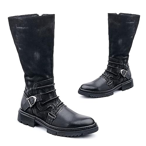 SIULAS Mittelalterliche Stiefel Cosplay Piraten Stiefel Herren Mid-Calf Stiefel PU Leder Stiefel Vintage Western Cowboy Stiefel,Schwarz,48 von SIULAS
