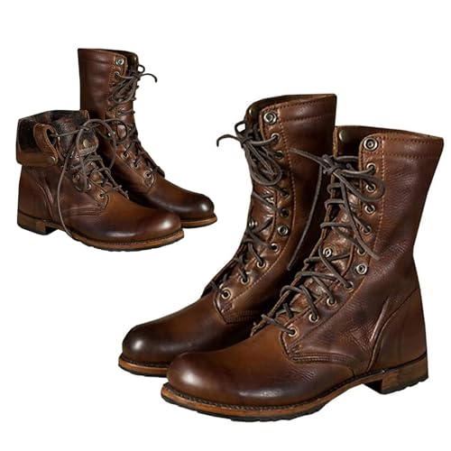 Mittelalterliche Stiefel PU Leder Motorrad Stiefel Retro Reitstiefel Ritter Stiefel Schnürstiefel,Braun,42 von SIULAS