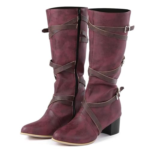 SIULAS PU Leder Stiefel - Damen Mittelalter Retro High Hose Reißverschluss Stiefel - PU Leder Karneval Elf Party Knight Performance Cosplay Schuhe Stiefel - für Cosplay Karnevalsparty,Rot,39 von SIULAS