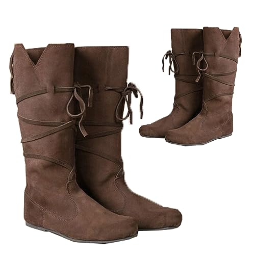 PU Leder Stiefel - Low Heel Mid Tube Ritter Stiefel - Renaissance Mittelalter Cosplay Stiefel für Cosplay Karneval Party,Braun,38 von SIULAS