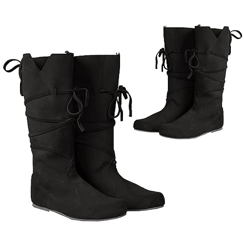 PU Leder Stiefel - Low Heel Mid Tube Ritter Stiefel - Renaissance Mittelalter Cosplay Stiefel für Cosplay Karneval Party,Schwarz,44 von SIULAS