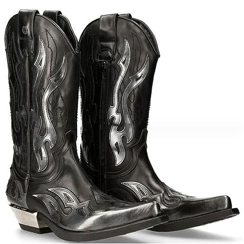 PU Leder Stiefel Vintage Western Cowboy Stiefel Stickerei Biker Stiefel Slip auf Freizeitschuhe Spitz Toe Stiefel,Schwarz,43 von SIULAS