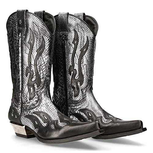 SIULAS PU Leder Stiefel Vintage Western Cowboy Stiefel Stickerei Biker Stiefel Slip auf Freizeitschuhe Spitz Toe Stiefel,Silber,43 von SIULAS