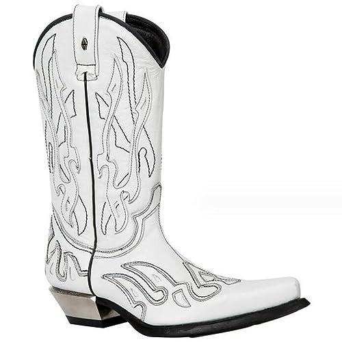 SIULAS PU Leder Stiefel Vintage Western Cowboy Stiefel Stickerei Biker Stiefel Slip auf Freizeitschuhe Spitz Toe Stiefel,Weiß,48 von SIULAS