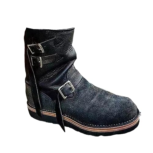 Renaissance Kurze Reitstiefel Mittelalterliche Cosplay Stiefel Retro Motorrad Stiefel mit Medium Run Klassische Runde Kopf Gürtel Herren Steampunk Stiefel,Schwarz,42 von SIULAS