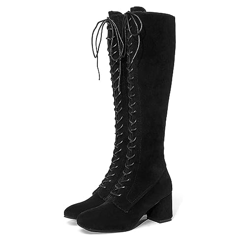 SIULAS Vintage Mittelalter Stiefel mit hohen Absätzen - Renaissance Mittelalterliche Cosplay Stiefel - Damen Retro Hohe Stiefel Knielange Schnürstiefel Festival Larp Schuhe für Cosplay,Schwarz,40 von SIULAS