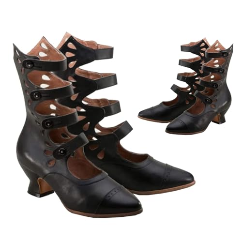 SIULAS Vintage viktorianischen Spitzzehe Stiefel für Frauen - mittelalterliche PU Leder Schuhe - mittelalterliche Cosplay Halloween Stiefel,Schwarz,40 von SIULAS