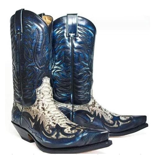 SIULAS Western Cowboy Stiefel - Low Heel Mid Tube Ritter Stiefel - Vintage Leder Stickerei Western Cowboy Biker Stiefel,Blau,42 von SIULAS