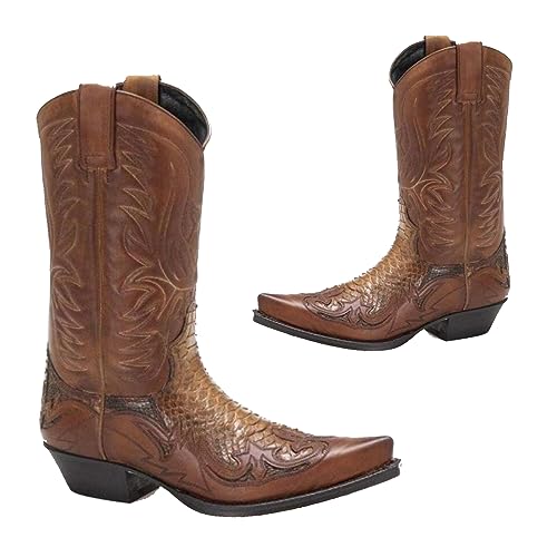 SIULAS Western Cowboy Stiefel - Low Heel Mid Tube Ritter Stiefel - Vintage Leder Stickerei Western Cowboy Biker Stiefel,Braun,42 von SIULAS