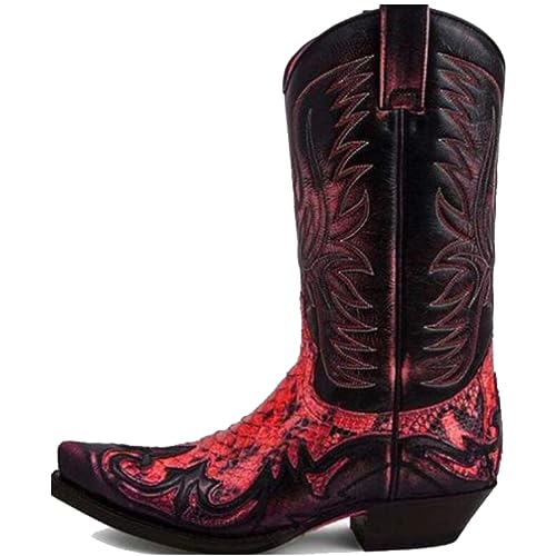 SIULAS Western Cowboy Stiefel - Low Heel Mid Tube Ritter Stiefel - Vintage Leder Stickerei Western Cowboy Biker Stiefel,Rot,44 von SIULAS