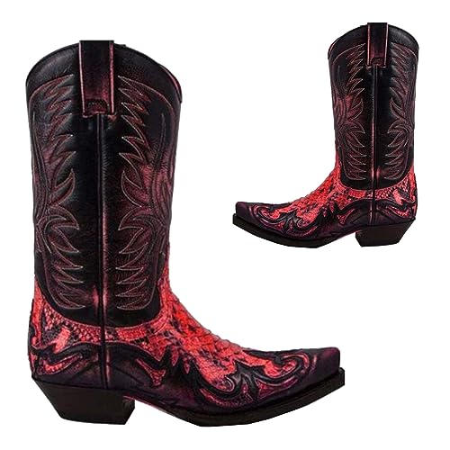 SIULAS Western Cowboy Stiefel - Low Heel Mid Tube Ritter Stiefel - Vintage Leder Stickerei Western Cowboy Biker Stiefel,Rot,48 von SIULAS