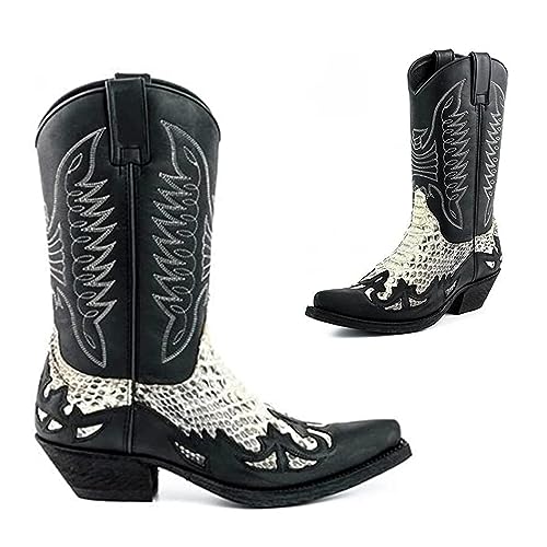 SIULAS Western Cowboy Stiefel - Low Heel Mid Tube Ritter Stiefel - Vintage Leder Stickerei Western Cowboy Biker Stiefel,Schwarz,41 von SIULAS