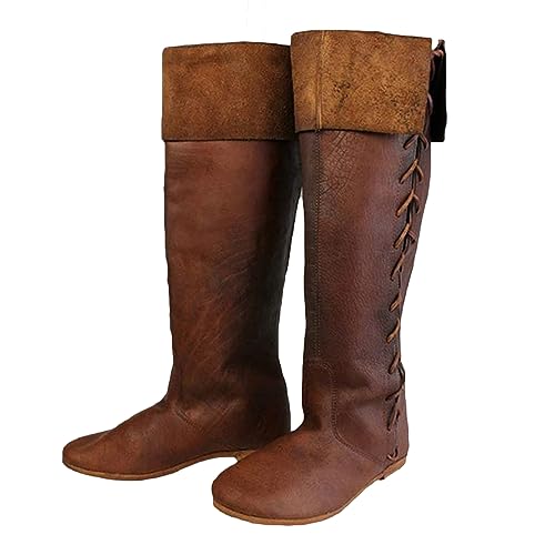 SIULAS Western Knie Stiefel - mittelalterliche Ritter Stiefel - Retro Gothic Piraten Hexe Lederschuhe - PU Leder Ritter Stiefel -,Braun,39 von SIULAS