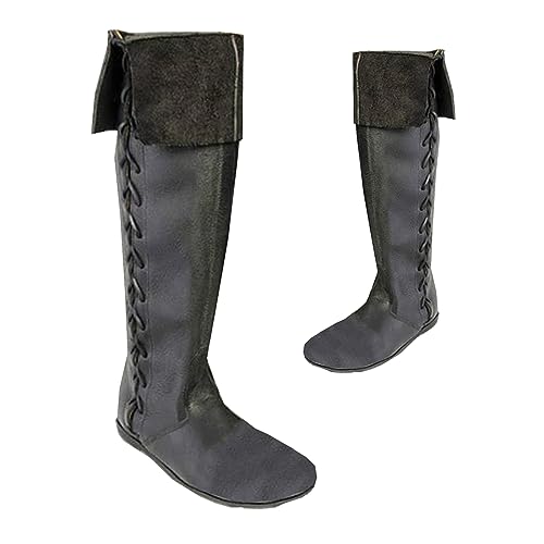 SIULAS Western Knie Stiefel - mittelalterliche Ritter Stiefel - Retro Gothic Piraten Hexe Lederschuhe - PU Leder Ritter Stiefel -,Schwarz,46 von SIULAS