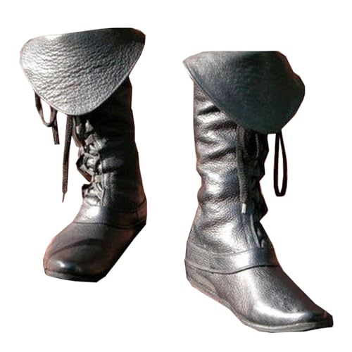 SIULAS Wikinger Gothic Ritter Lederstiefel - Herren Mid-Calf Stiefel - für Cosplay,Schwarz,47 von SIULAS