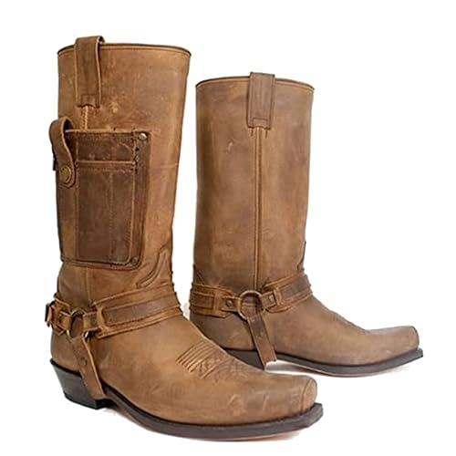 Western Cowboy Stiefel - Männer Square Toe Stiefel - mittelalterliche PU Leder Low Heel Mid Tube Ritter Stiefel für Cosplay,Braun,46 von SIULAS