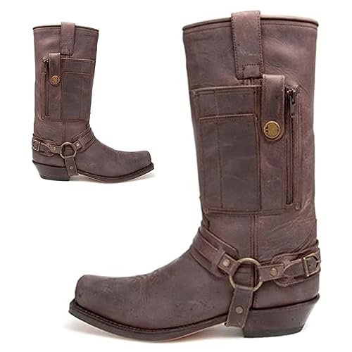 Western Cowboy Stiefel - Männer Square Toe Stiefel - mittelalterliche PU Leder Low Heel Mid Tube Ritter Stiefel für Cosplay,Grau,41 von SIULAS