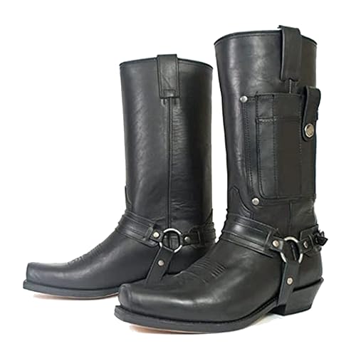 Western Cowboy Stiefel - Männer Square Toe Stiefel - mittelalterliche PU Leder Low Heel Mid Tube Ritter Stiefel für Cosplay,Schwarz,44 von SIULAS