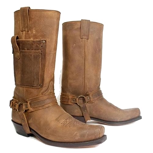 Western Cowboy Stiefel Männer Stiefel Square Toe PU Leder Stiefel Vintage Leder Steampunk Ritter Schuhe Low Heel Mid Tube Rider Pferd Motorrad Stiefel für Cos Props,Braun,39 von SIULAS