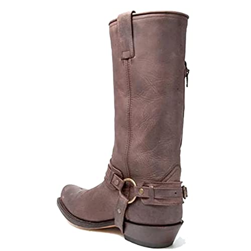 Western Cowboy Stiefel Männer Stiefel Square Toe PU Leder Stiefel Vintage Leder Steampunk Ritter Schuhe Low Heel Mid Tube Rider Pferd Motorrad Stiefel für Cos Props,Grau,43 von SIULAS