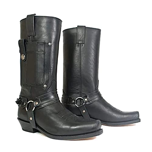 Western Cowboy Stiefel Männer Stiefel Square Toe PU Leder Stiefel Vintage Leder Steampunk Ritter Schuhe Low Heel Mid Tube Rider Pferd Motorrad Stiefel für Cos Props,Schwarz,48 von SIULAS