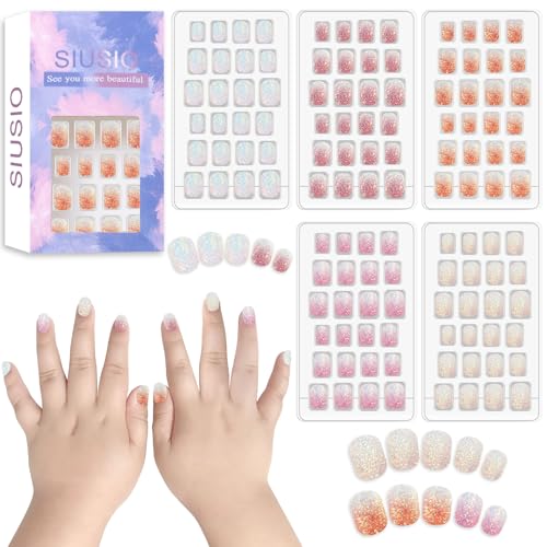 SIUSIO 120Pcs 5 Pack Presse auf Nägel Kinder Acryl gefälschte Nägel Netter Vorkleber Vollabdeckung Gradient Farbe Regenbogen Kurzer Stick auf Falsche Nail Art Kits Set für Kinder Kleine Mädchen von SIUSIO