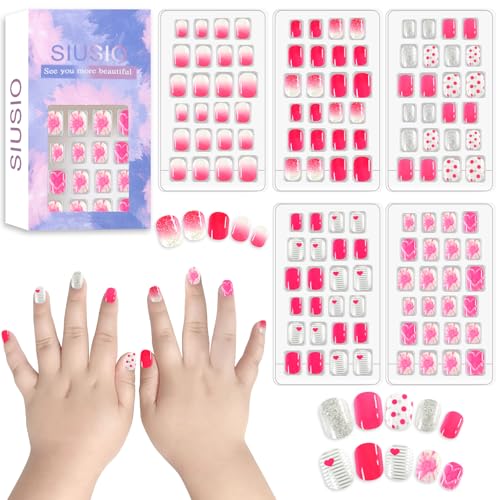 SIUSIO 120pcs 5 Pack Drücken Sie auf Nägel Kinder Acryl gefälschte Nägel niedlich Pre-Kleber Voll Abdeckung Gradient Farbe Regenbogen Kurz Stick auf False Nail Art Kits Set für Kinder Kleine Mädchen von SIUSIO