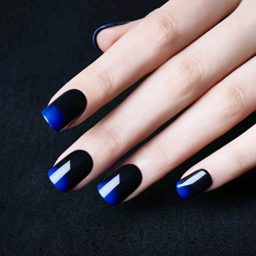 SIUSIO 24Stück Künstliche Nägel schwarze volle Abdeckung Short Gradient Schmuck Blue Top Coat falsche Nagel Covered Gel-Kunst-Spitzen-Sets für Frauen und Mädchen von SIUSIO