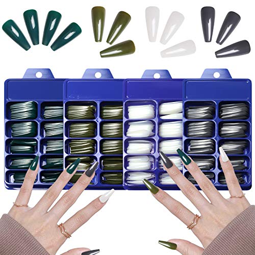 SIUSIO 400 Stück Bunte Sargnägel Full Cover Press on Reine Farbe Ballett Acryl Gefälschte Nägel Extra Lange Ballerina Falsche Gelnägel Kunstspitzen für Frauen Mädchen (Green Gary) von SIUSIO