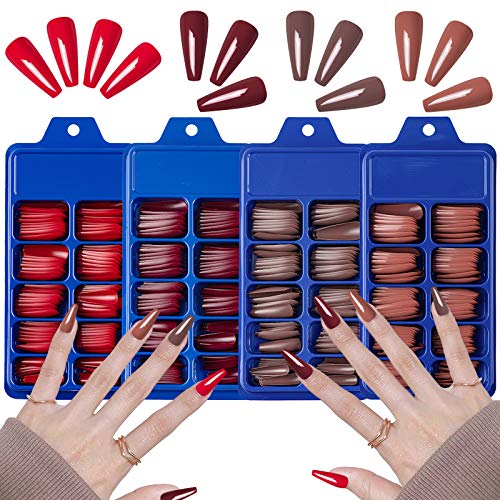 SIUSIO 400 Stück Bunte Sargnägel Full Cover Press on Reine Farbe Ballett Acryl Gefälschte Nägel Extra Lange Ballerina Falsche Gelnägel Kunstspitzen für Frauen und Mädchen (Rotbraun) von SIUSIO