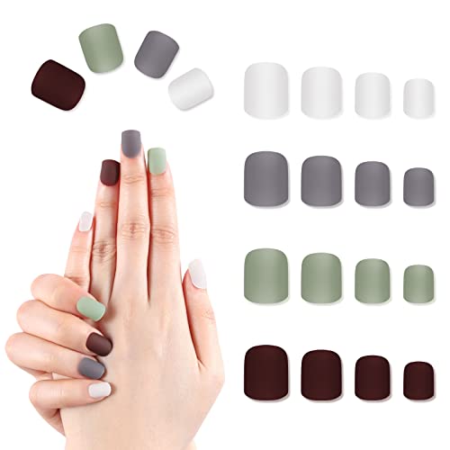 SIUSIO 96Stück Künstliche Nägel Presse auf Platz Bunte Acryl Full Cover Matt Top Coat Nagel für Friseure und DIY Covered Gel Nail Art Kurze Falsche Tipps Sets für Frauen und Mädchen (Grau) von SIUSIO