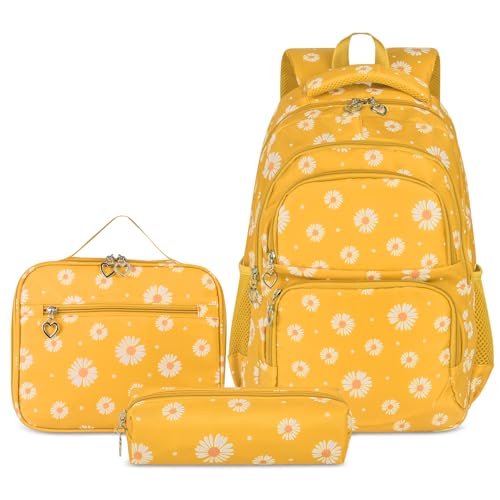 SIVENKE Schulrucksack Mädchen Teenager Damen Schultasche Rucksack Set Gänseblümchen Schulranzen für Mädchen Schule Freizeit mit Lunchpaket Tasche und Mäppchen von SIVENKE