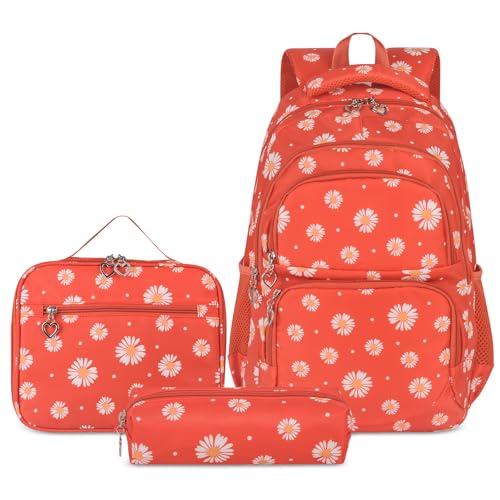 SIVENKE Schulrucksack Mädchen Teenager Damen Schultasche Rucksack Set Gänseblümchen Schulranzen für Mädchen Schule Freizeit mit Lunchpaket Tasche und Mäppchen von SIVENKE