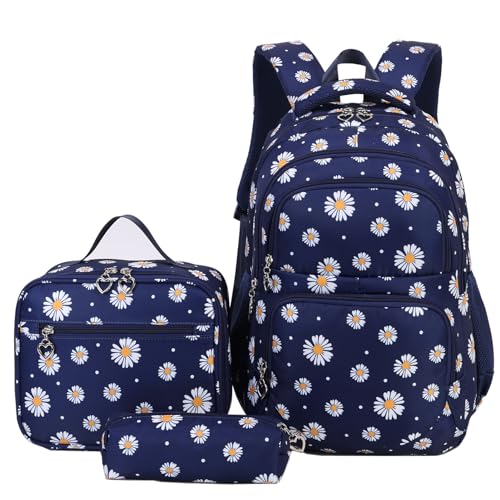 SIVENKE Schulrucksack Mädchen Teenager Damen Schultasche Rucksack Set Gänseblümchen Schulranzen für Mädchen Schule Freizeit mit Lunchpaket Tasche und Mäppchen von SIVENKE