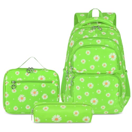SIVENKE Schulrucksack Mädchen Teenager Damen Schultasche Rucksack Set Gänseblümchen Schulranzen für Mädchen Schule Freizeit mit Lunchpaket Tasche und Mäppchen von SIVENKE
