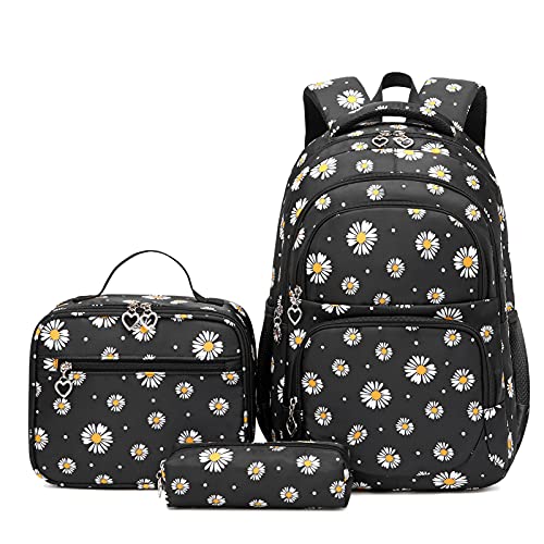 SIVENKE Schulrucksack Mädchen Teenager Damen Schultasche Rucksack Set Gänseblümchen Schulranzen für Mädchen Schule Freizeit mit Lunchpaket Tasche und Mäppchen von SIVENKE