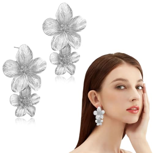 SIVZUMO 1 Paar Blumen Ohrringe Groß, Boho Statement Flower Earrings Silber, Blume Tropfen Ohrringe, Hypoallergene Modeschmuck für Damen von SIVZUMO